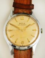 Doxa férfi karóra, enyhén kopott számlappal, bőr szíjjal, működik