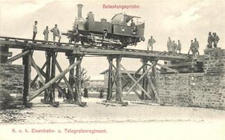 K.u.K. Eisenbahn- und Telegrafen-Regiment. Belastungsprobe / K.u.K. military railroad regiment, railway bridge construction, provisional load test, locomotive