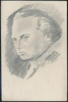 Franz Werfel (1890-1945) osztrák költőt és írót ábrázoló ceruzarajt, hátoldalán saját kezű aláírásával / Autograph signed drawing of Franz Werfel Austrian writer. 10x15 cm