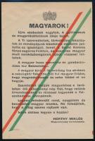 1938 "Magyarok! Újra szabadok vagytok!" A felvidéki bevonulás alkalmából nyomtatott szórólap Horthy Miklós ünnepélyes szavaival, 14x21 cm