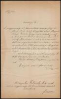 1885 Tisza Kálmán (1830-1902) mint belügyminiszter saját kezűleg aláírt levele báró Radvánszky Béla főispánnak, melyben jóváhagyja megválasztását a Magyarországi Tót Közművelődési Társulat alelnöki tisztségére.