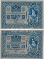 1902. 1000K (2x) egyik piros "MAGYARORSZÁG" körbélyegzővel, másik román bélyegzéssel T:II-...