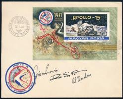 1971 James Irwin (1930-1991), David Scott (1932- ) és Alfred Worden (1932- ) amerikai űrhajósok aláírásai Apollo 15 FDC-n /  1971 Signatures of James Irwin (1930-1991), David Scott (1932- ) és Alfred Worden (1932- ) American astronauts on Apollo 15 FDC cover