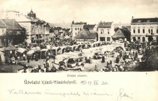 Kézdivásárhely, Targu Secuiesc; Fő tér, piac, Dávid Gyula üzlete / main square with market, shops