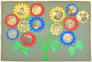 1938 Mester Film cég dekoratív, kézzel készített bemutató katalógusa az általuk készített filmekről. Kihajtható, fényképes mozifilm ismertetőkkel. / Hungarian movie company advertising with original photos of their films. 35x36 cm