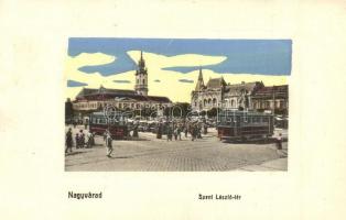 Nagyvárad, Oradea; Szent László tér, piac, villamosok / square view with market and trams