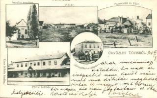 Tövis, Teius; Fő tér, Oroszlán szálloda, izraelita templom, zsinagóga, indóház, vasútállomás, Piac, Fő út. Klein Mihály kiadása / main square and street, hotel, synagogue, railway station, market