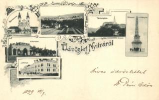 1899 Nyitra, Nitra; főgimnázium, vártemplom, Milleniumi emlékoszlop, laktanya, Sátortábor / grammar school, castle church, monument, military barracks. Art Nouveau, floral (EK)