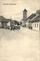 Oszlány, Oslany; utcakép templommal / street view with church / Strassenbild mit Kirche