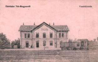 Tótmegyer, Slovensky Meder, Palárikovo; vasútállomás, gőzmozdony + Vöröskereszt egyleti kisegítő kórház pecsétje / Bahnhof / railway station, locomotive