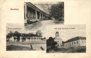 Bucsány, Bucany; Báró Springer központi iroda, M. kir. postahivatal, Római katolikus templom és iskola / central office, post office, church and school