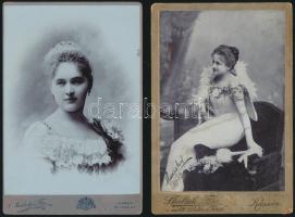 cca 1900 Ifjú hölgyek elegáns öltözetben, 2 db keményhátú fotó Skalnik és Fia műterméből, 16,5x11 cm