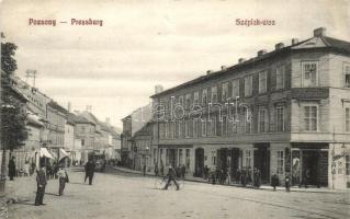 Pozsony, Pressburg, Bratislava; Széplak utca, Paternos Viktória féle elemi és polgári leányiskola, Schönbeer üzlete, villamos / street view with shops, girl school, tram / Strassenbild mit Geschäfte (fl)