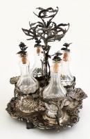 cca 1850 ezüst (Ag.) augsburgi olaj-ecet tartó, eredeti köszörült üveg palackokkal, aprólékos ötvös ...