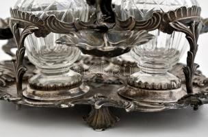 cca 1850 ezüst (Ag.) augsburgi olaj-ecet tartó, eredeti köszörült üveg palackokkal, aprólékos ötvös ...