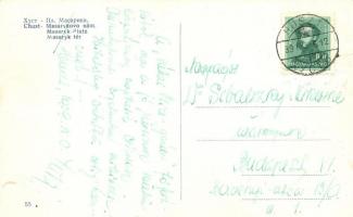 Huszt, Chust, Khust; Masaryk tér, Hitelbank, üzletek, autóbuszok / square, bank, shops, autobuses