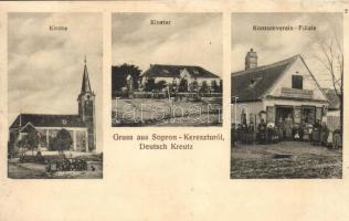 Sopronkeresztúr, Deutschkreutz; templom, kolsotor, Fogyasztási szövetkezet / Kirche, Kloster, Konsumverein Filiale / church, cloister, cooperative shop