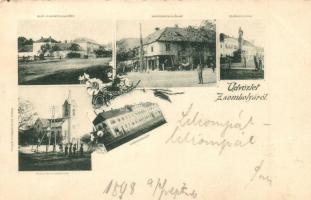 1898 Zsombolya, Hatzfeld, Jimbolia; Gróf Csekonits kastély, Flórián szobor, templom és plébánia, vendégfogadó, Recktenwald Miklós üzlete és saját kiadása / castle, monument, church, parish, guest house and restaurant, shop. floral