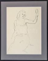 Belányi Viktor (1877-1955): Nő tükörrel, tus, papír, jelzett, paszpartuban, 32,5×23,5 cm