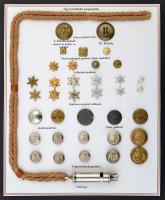 1914-1918 I. világháborús relikvia tétel: sapkajelvények, tiszti síp, rangjelző csillagok. Szépen adjusztálva tablón / Lot of WW. I. relics