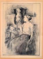 Glatz Oszkár (1862-1958) - Prihoda István (1891-1956): Fonás, rézkarc, papír, jelzett, paszpartuban, üvegezett fa keretben, 38,5×28,5 cm
