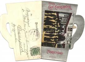 1907 A marienbadi Agerländer Kávéház egyedi kinyitható reklámlapja kávés csésze formában / Custom ma...