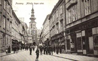 Pozsony, Pressburg, Bratislava; Mihály kapu utca, Wimmer József üzlete / street view with shops  (EK)