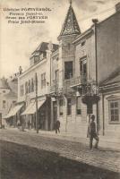 Pöstyén, Piestany; Ferenc József út, üzlet + Vöröskereszt Hadikórház pecsét / Strasse / street view, shop (EK)