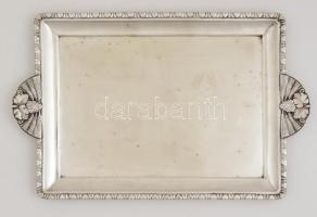 Masszív ezüst (Ag.) tálca, plasztikus búzaszál és szőlő fürt díszekkel, jelzett, 34×51 cm, nettó:1877 g / Silver tray with hallmark and winery decoration. 1877 g net.