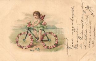 Angel on bicycle, greeting card, litho (EK)