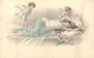 3 db régi erotikus művészi lap, hölgyek angyalokkal / 3 pre-1945 slightly erotic art postcards, ladies with angels. H. Christ Vienne Nr. 195.