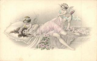 3 db régi erotikus művészi lap, hölgyek angyalokkal / 3 pre-1945 slightly erotic art postcards, ladi...