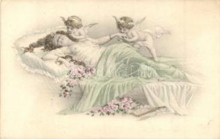 3 db régi erotikus művészi lap, hölgyek angyalokkal / 3 pre-1945 slightly erotic art postcards, ladi...