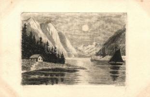 2 db régi rézmetszet művészlap / 2 pre-1945 copperplate art postcards