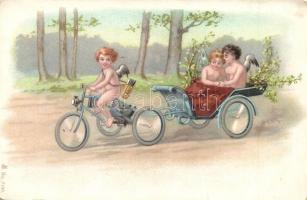 Angels riding a bicycle carriage. Art Nouveau litho (EK)