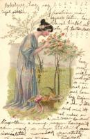 Lady in the garden. W.C. 751. Art Nouveau litho (EK)