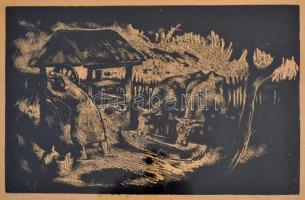 Szőnyi István (1894-1960): Itatás. Fametszet, papír, jelzett a dúcon, üvegezett keretben, 13×20 cm