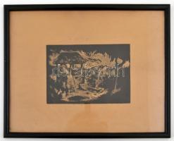 Szőnyi István (1894-1960): Itatás. Fametszet, papír, jelzett a dúcon, üvegezett keretben, 13×20 cm