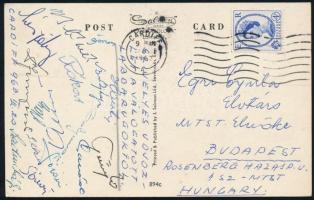 1963 A magyar válogatott labdarúgócsapat tagjai által aláírt képeslap Cardiffból. (Rákosi, Sárosi, Sebes, Csanádi, Bordy...) / Autograph signed postcard of Hungarian national football team.