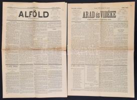 1883 Vegyes Arad megyei lapok, 2 db:   Arad és Vidéke. Politikai, társadalmi és közgazdasági napilap. III. évf. 6. sz., 1883. január 9. Szerk.: Sümegi Kálmán. Arad, Gyulai István-ny., korabeli reklámokkal, jó állapotban, 4 sztl. lev. A folyóirat 1880-1922 között jelent meg Aradon. Polgári liberális vonalat képviselő folyóirat volt, amely terjedelme alapján Erdély legjobb lapja között tartottak számon.  Alföld. Politikai napilap. XXIII. évf. 8. sz., 1883. január. 11. (Szerk.: Vörös József.) Arad, Réthy Lipót és fia-ny., korabeli reklámokkal, jó állapotban, 4. sztl. lev. A lap kezdetben a Deák-párt álláspontján volt, majd a balközép álláspontját fogadta el. A kor népszerű lapja volt, országos jelentőségre jutó, politikailag és eszmeileg számottevő hírlap volt. A kiadó kezdetben Bettelheim Vilmos, majd Réthy Lipót és fia volt.