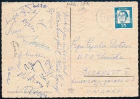 1965 A magyar válogatott labdarúgócsapat tagjai által aláírt képeslap Hamburgból. (Rákosi, Sárosi, Sebes, Mátrai, Géczi, ...) / Autograph signed postcard of Hungarian national football team.