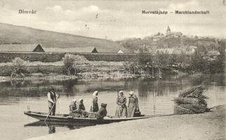 Dimvár, Dimburg, Suchohrad; Morvatájkép révésszel / Marchlandschaft / river with ferryman