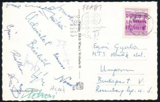 A Ferencváros labdarúgócsapat tagjai által aláírt képeslap Svájcból (Rátkai, Aczél, Mátrai, Rákosi,, Páncsics ...) / Autograph signed postcard of Hungarian football team.