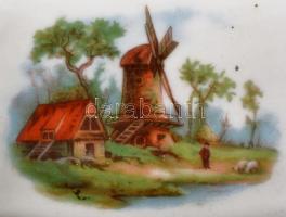 Tejüveg lámpabura, matricás flamand képekkel, foglalattal, porcelán kiegészítővel, 20x25 cm