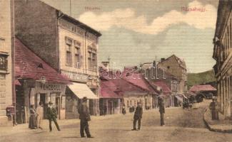 Rózsahegy, Ruzomberok; Híd utca, Vendéglő, Róth Jakab üzlete. Kiadja Klimacek Sándor / street view with restaurant and shops