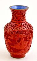 Kínai vörös lakkfaragásos zománcozott réz váza, m:10 cm