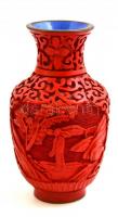 Kínai vörös lakkfaragásos zománcozott réz váza, m:10 cm