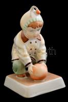 Zsolnay porcelán labdával játszó kisfiú, kézzel festett, jelzett, hibátlan, m: 13 cm