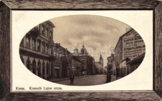 Kassa, Kosice; Kossuth Lajos utca, Varga Bertalan papírkereskedése, Kassai Hírlap. Unikum kiadása / street view with shops (kopott sarkak / worn corners)