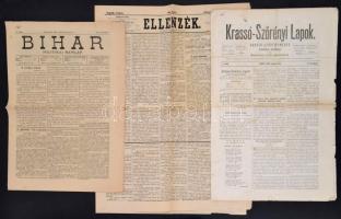 1883 Vegyes erdélyi lapok, 3 db:   Ellenzék. Politikai és társadalmi napilap. Kolozsvár. IV. évf. 26. sz.,1883. február 1. (Szerk.: Bartha Miklós.) Kolozsvár, Magyary Mihály-ny.,korabeli reklámokkal, jó állapotban, 4. sztl. lev. Az Ellenzék kolozsvári politikai és társadalmi napilap volt. 1878-ban alapította Bartha Miklós, 1880-1944-ig jelent meg.   Bihar. Politikai napilap. XIX. évf. 8 sz., 1883. január 11. Nagyvárad, Hollósy Jenő-ny., Hollósy Jenő könyvnyomdájának egészoldalas reklámjával, kis szakadással, 4. sztl. lev. A biharmegyei gazdasági egylet közlönye.  Krassó-Szörényi Lapok. Krassó-Szörény Megye hivatalos közlönye. V. évf. 1. sz, 1883. január 6. Lugos, Wenczely János és fia-ny., korabeli reklámokkal, 4 sztl. lev. Lugoson, politikai hetilapként indult Virányi János nyomdász alapításában, 1878-1939 között jelent meg.